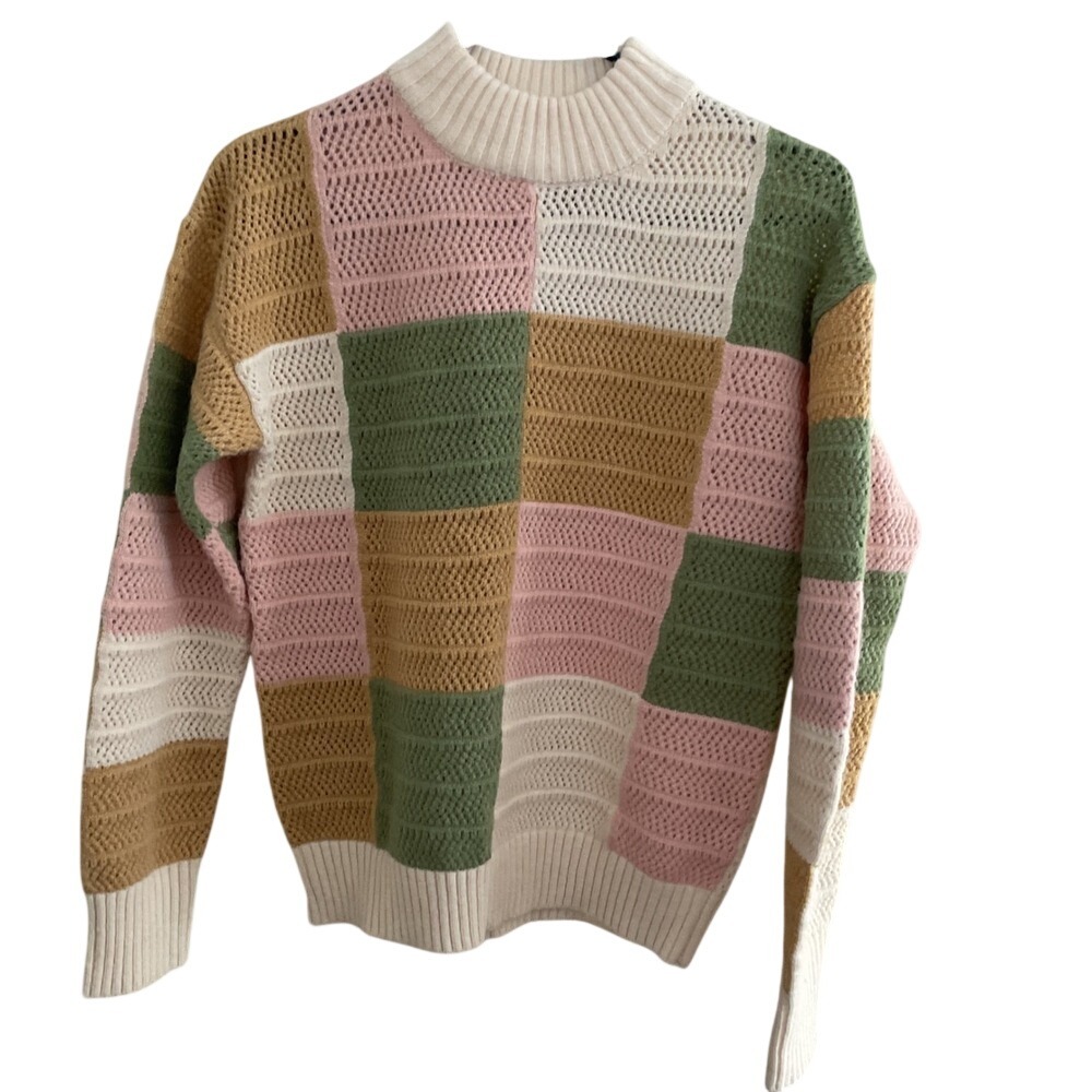 Free People Patchwork Pointelle Mock Neck Sweater XS Colorblock Cream Pink Green